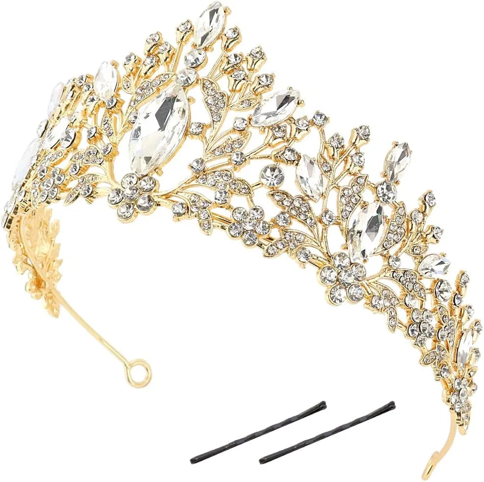 1 Pack Gold Wedding Tiaras and Crowns for Women, Gold Crystal Tiara Crown Headband Princess Rhinestone Queen Tiara for Pageant Party Halloween Costume Bridal Wedding Prom