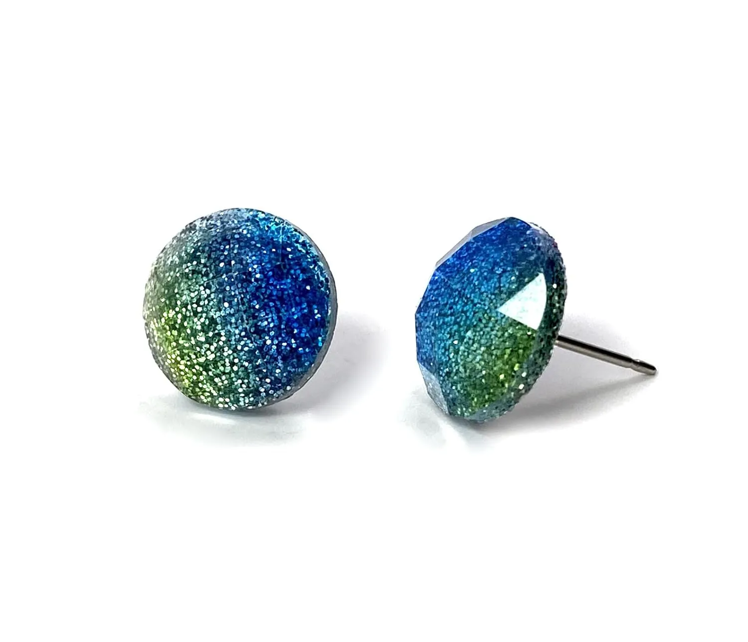 12mm Faceted Resin Navy Blue and Lime Green Glitter Stud Earrings in Titanium or Stainless Steel Studs