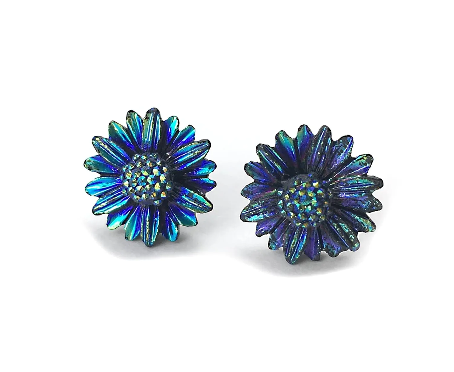 12mm Iridescent Oil Spill Blue Black Green Sunflower Stud Earrings with Titanium or Surgical Stainless Steel Posts for Sensitive Ears