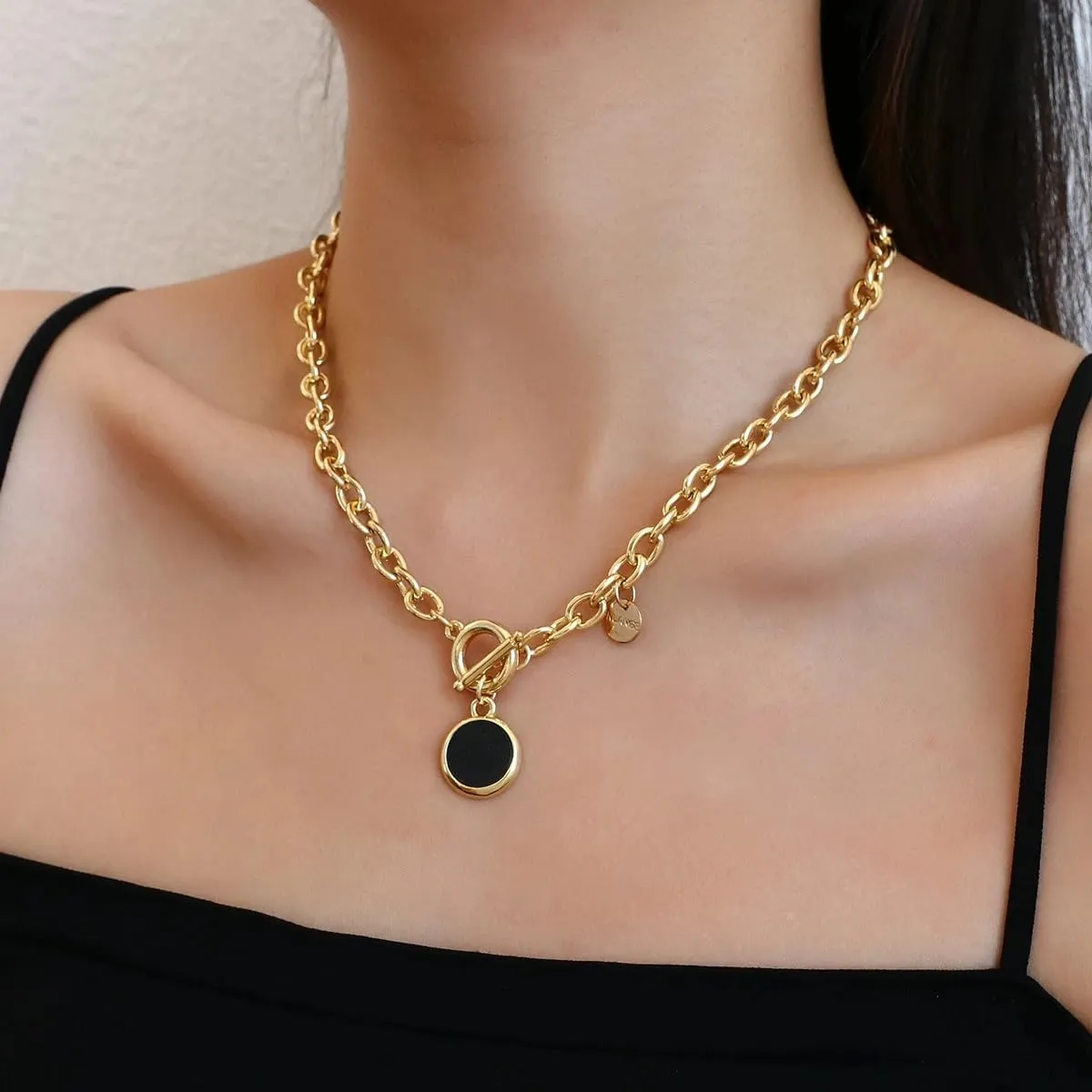 14K Filled Gold Flower Toggle Necklace For Women - Round Pendant Necklaces Thick Chain Toggle Clasp Punk Collar Necklace Long Chain, Flower Pendant Charm Choker Necklace