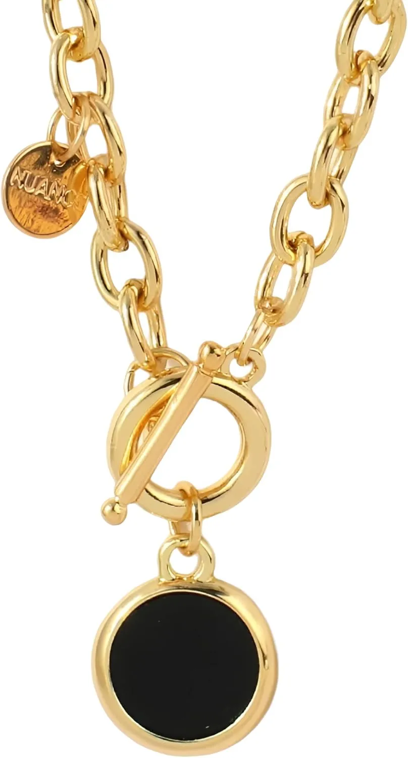 14K Filled Gold Flower Toggle Necklace For Women - Round Pendant Necklaces Thick Chain Toggle Clasp Punk Collar Necklace Long Chain, Flower Pendant Charm Choker Necklace
