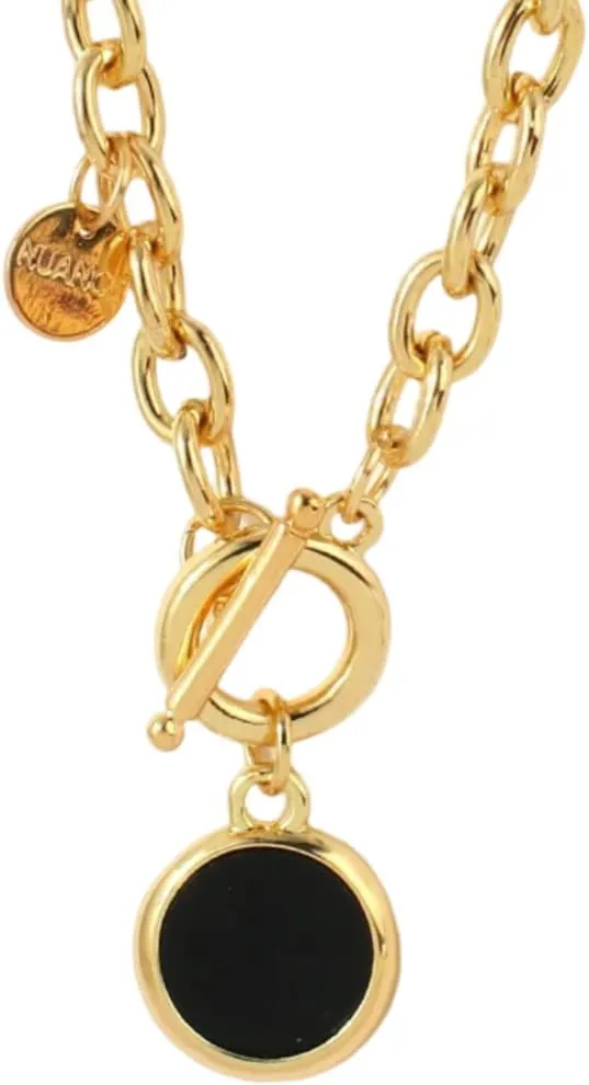 14K Filled Gold Flower Toggle Necklace For Women - Round Pendant Necklaces Thick Chain Toggle Clasp Punk Collar Necklace Long Chain, Flower Pendant Charm Choker Necklace