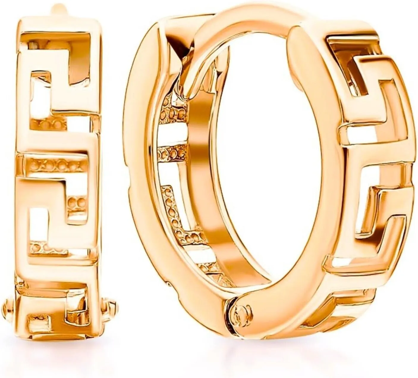 14K Gold Greek Key Huggie Hoop Earring, Handmade Hollow L Design Hoop, Fashion Gold Jewelry, Gift for her.