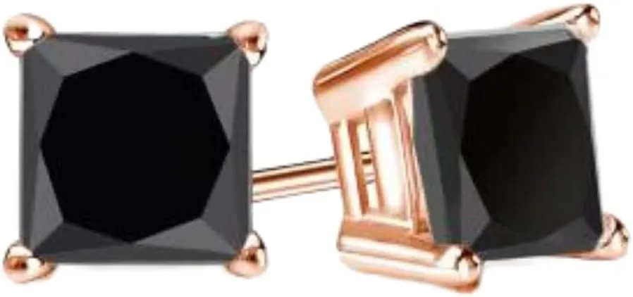 14k Rose Gold Created Black Diamond Princess Cut Stud Earrings 6mm