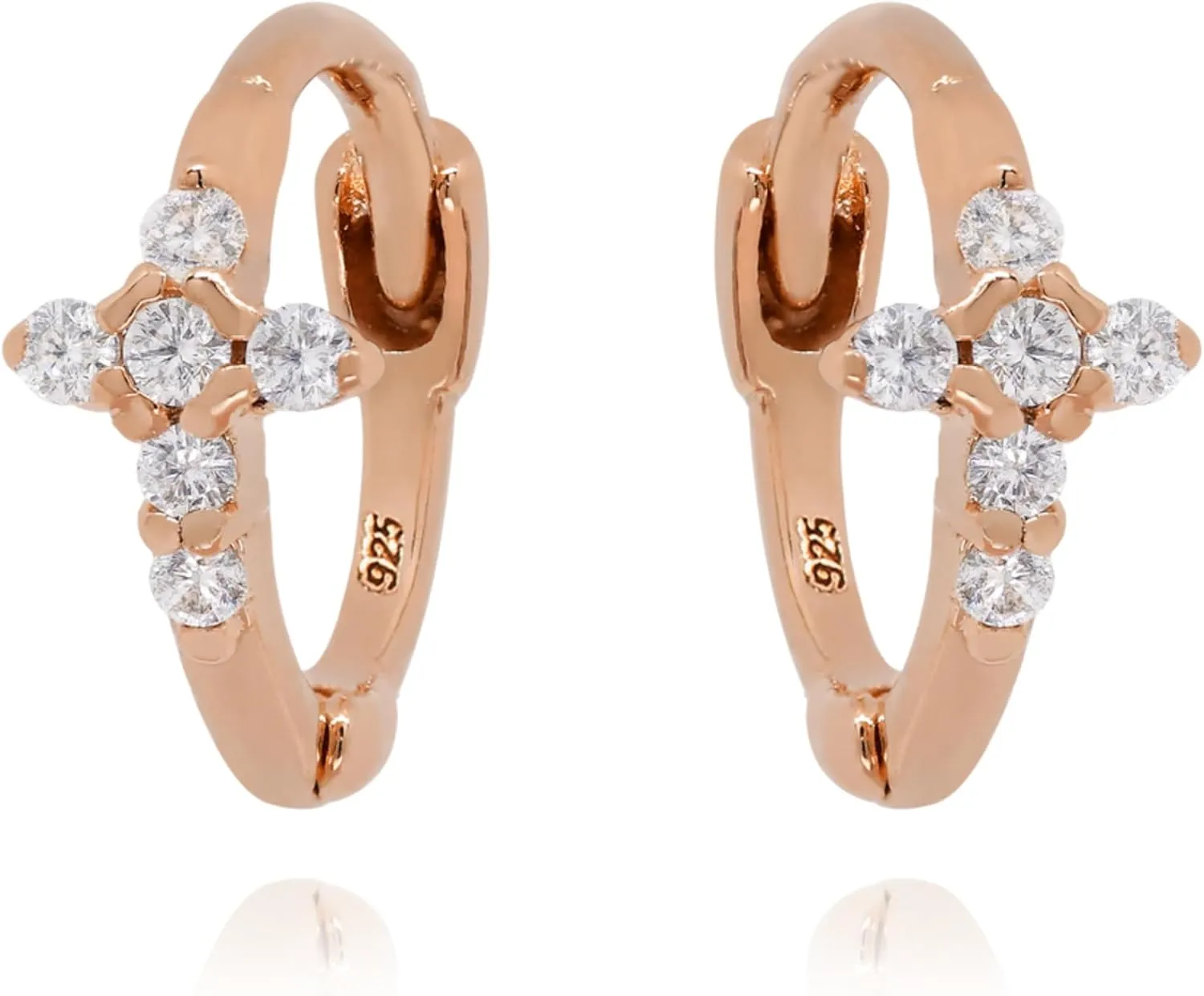14k Rose Gold Faith Crucifix Huggie Hoop, Cross Divine Tiny Hoop Earring, Second Hole Diamond Earrings, Starburst Huggie, Gift For Women.