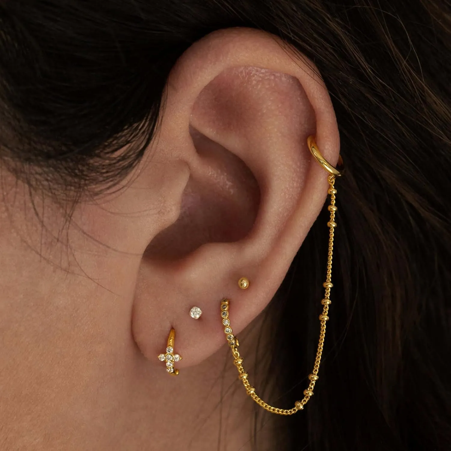 14k Rose Gold Faith Crucifix Huggie Hoop, Cross Divine Tiny Hoop Earring, Second Hole Diamond Earrings, Starburst Huggie, Gift For Women.