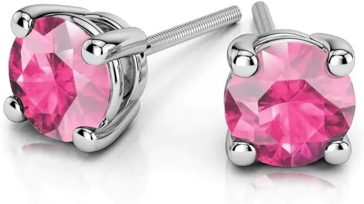 14k White Gold Plated Created Pink Sapphire Round Stud Earrings 6mm