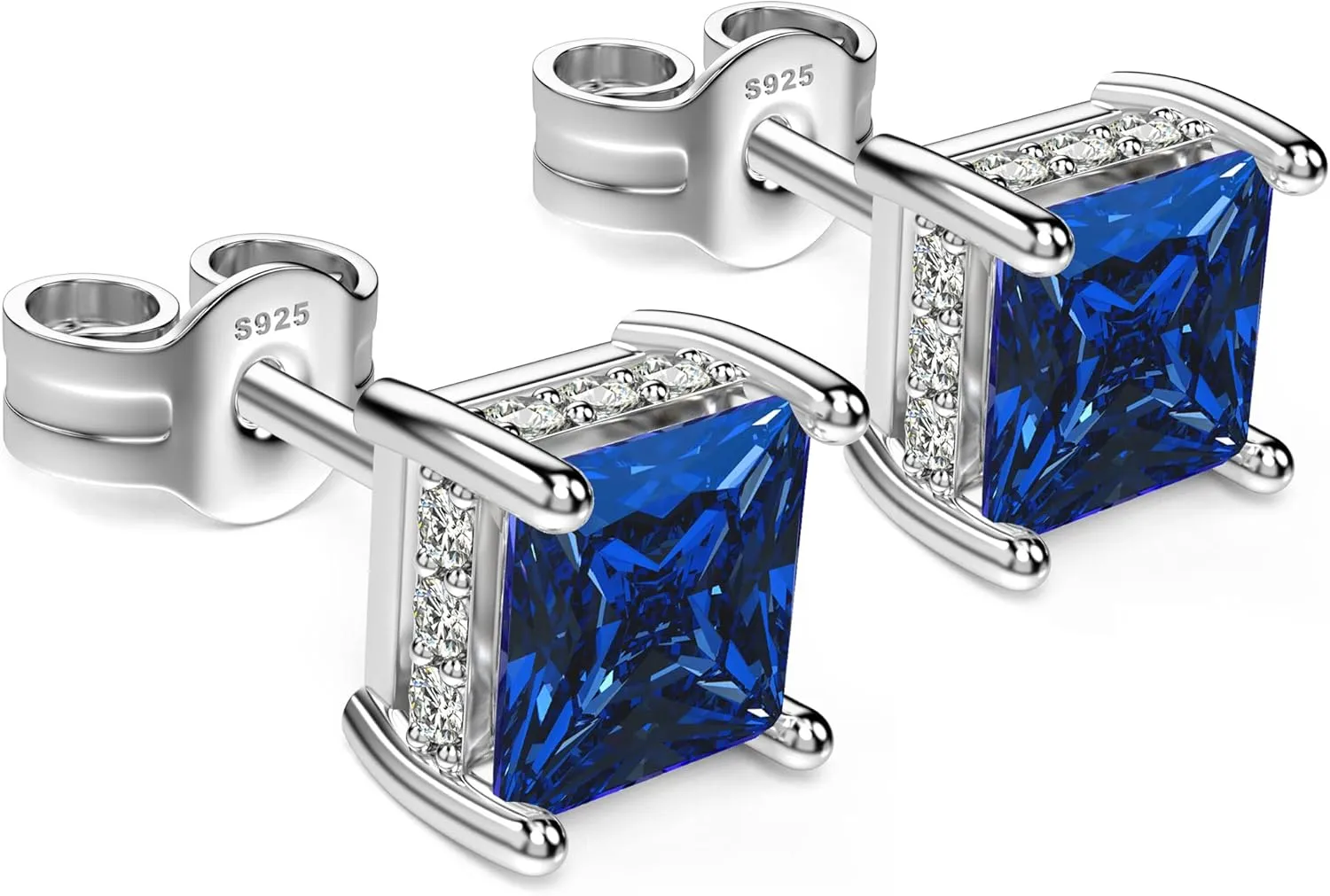 18K White Gold Plated Sterling Silver Princess Cut Cubic Zirconia Stud Earrings Square CZ Diamond Stud Earrings for Women Men Hypoallergenic