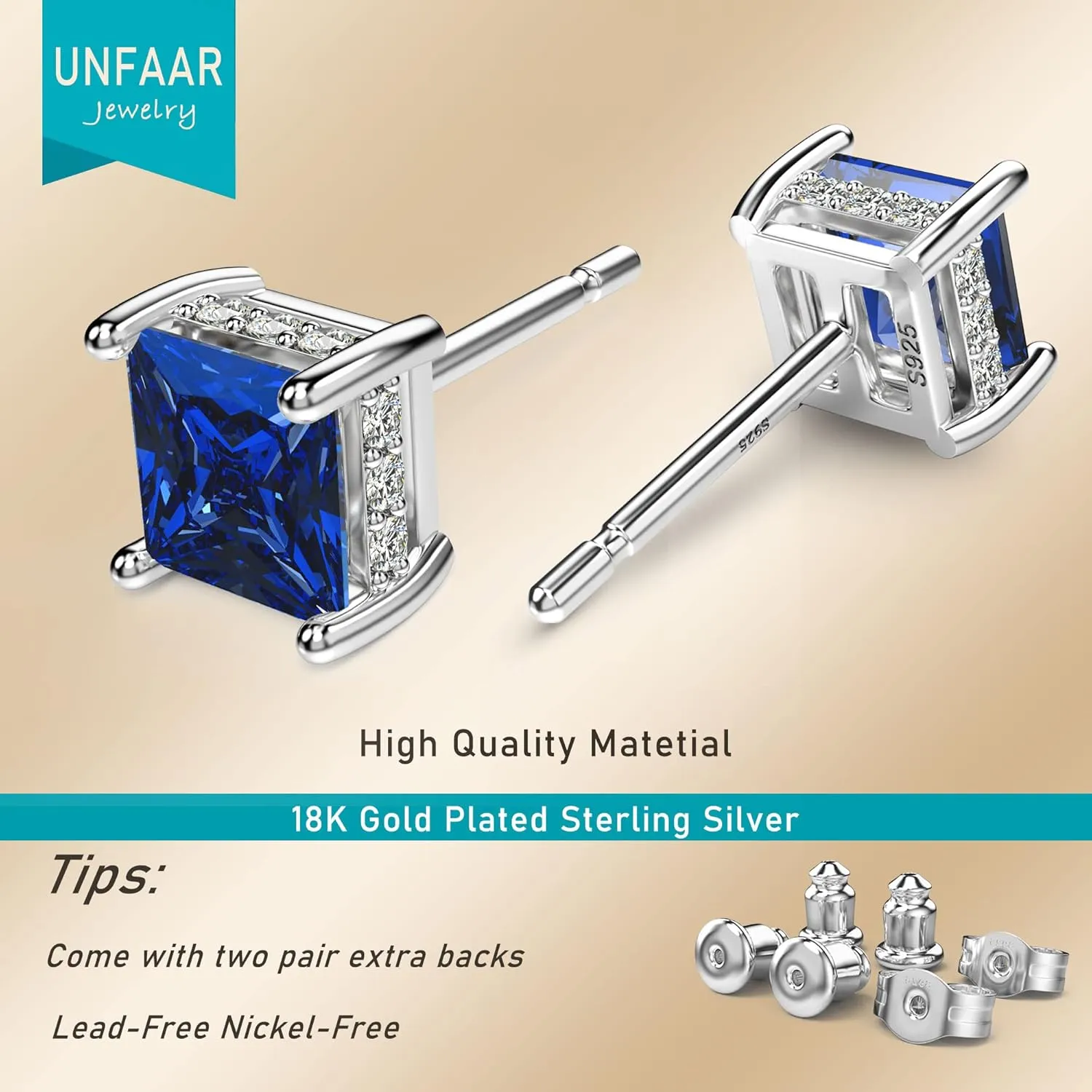 18K White Gold Plated Sterling Silver Princess Cut Cubic Zirconia Stud Earrings Square CZ Diamond Stud Earrings for Women Men Hypoallergenic