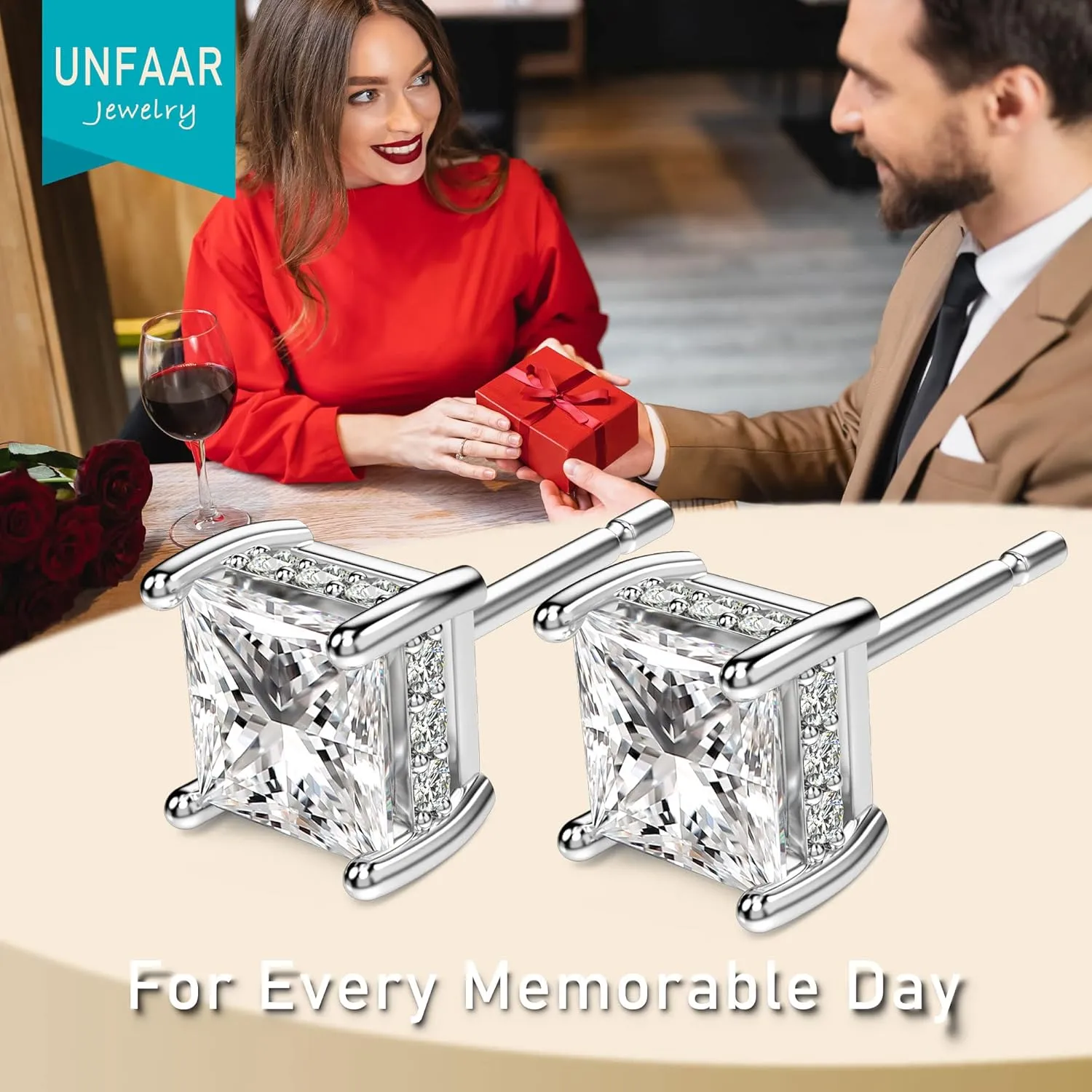 18K White Gold Plated Sterling Silver Princess Cut Cubic Zirconia Stud Earrings Square CZ Diamond Stud Earrings for Women Men Hypoallergenic