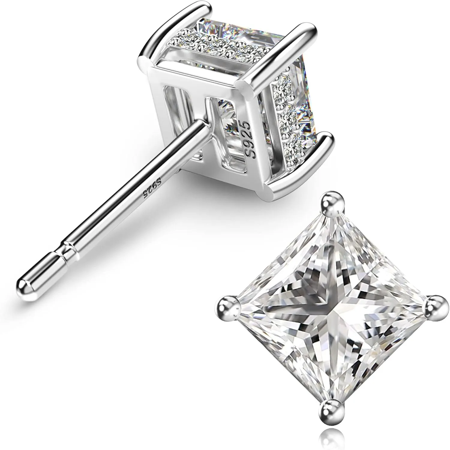 18K White Gold Plated Sterling Silver Princess Cut Cubic Zirconia Stud Earrings Square CZ Diamond Stud Earrings for Women Men Hypoallergenic