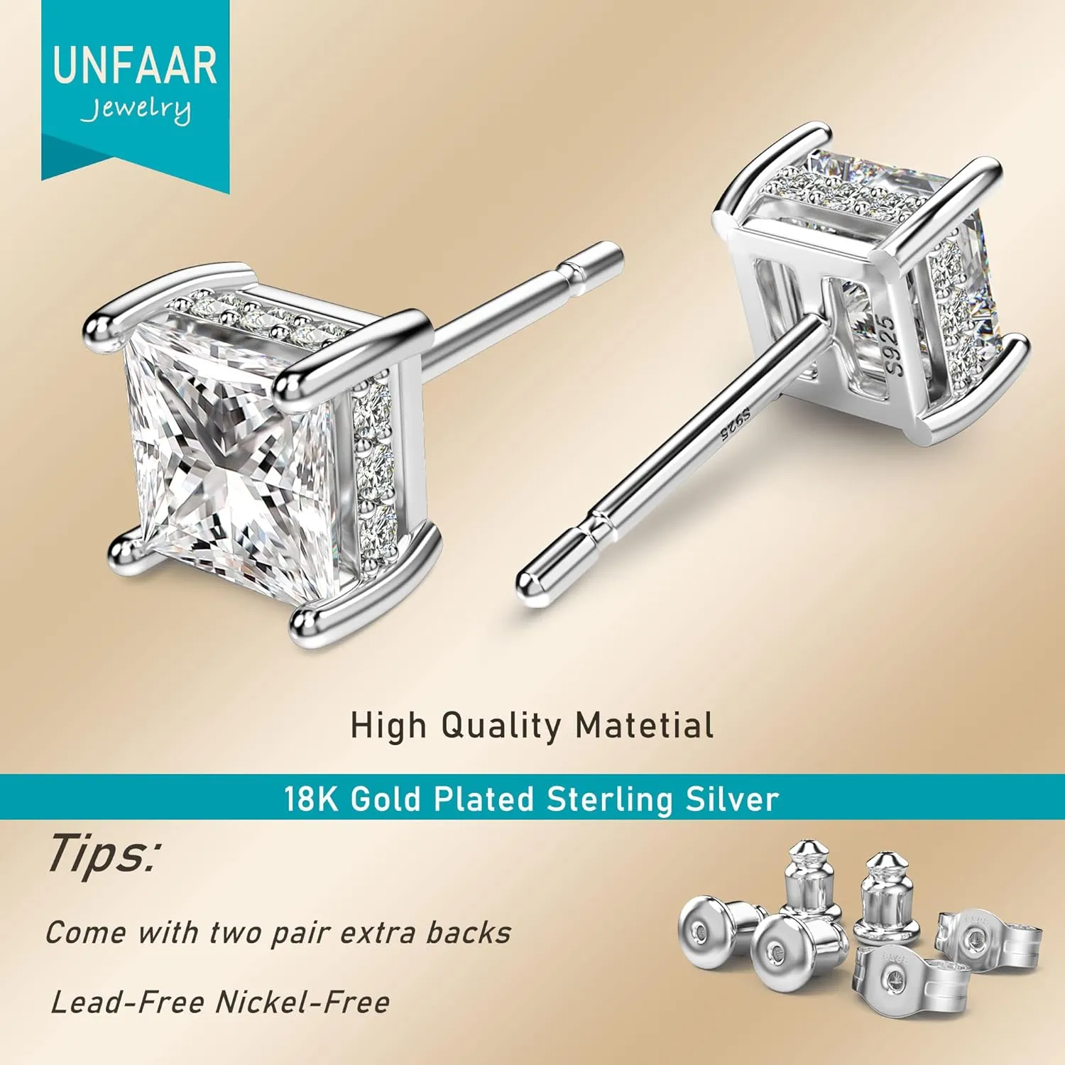18K White Gold Plated Sterling Silver Princess Cut Cubic Zirconia Stud Earrings Square CZ Diamond Stud Earrings for Women Men Hypoallergenic
