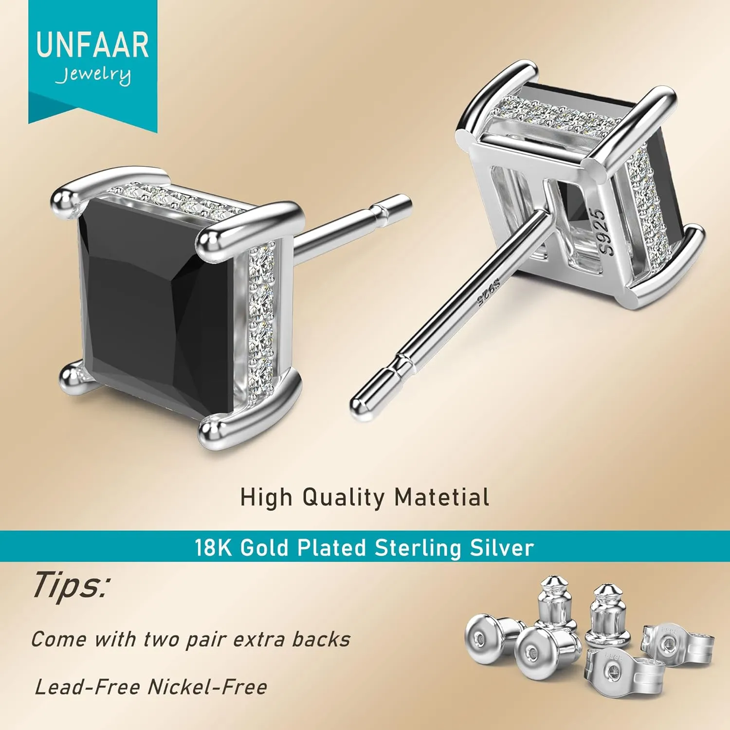 18K White Gold Plated Sterling Silver Princess Cut Cubic Zirconia Stud Earrings Square CZ Diamond Stud Earrings for Women Men Hypoallergenic