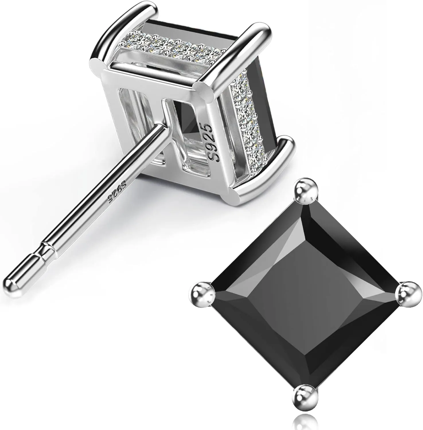 18K White Gold Plated Sterling Silver Princess Cut Cubic Zirconia Stud Earrings Square CZ Diamond Stud Earrings for Women Men Hypoallergenic