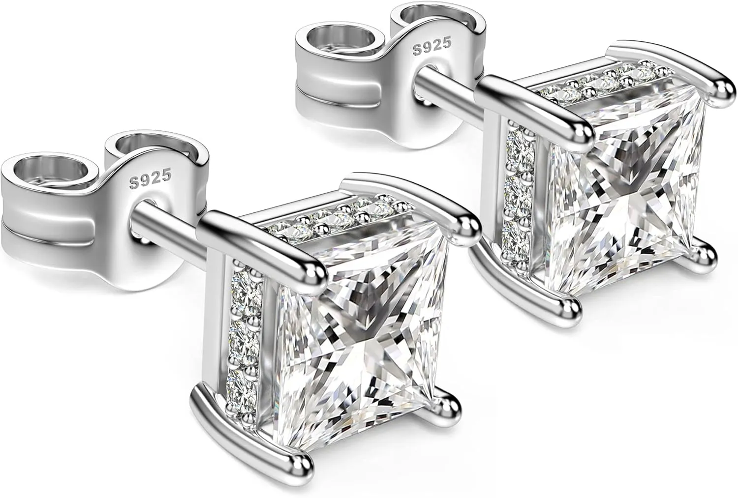 18K White Gold Plated Sterling Silver Princess Cut Cubic Zirconia Stud Earrings Square CZ Diamond Stud Earrings for Women Men Hypoallergenic
