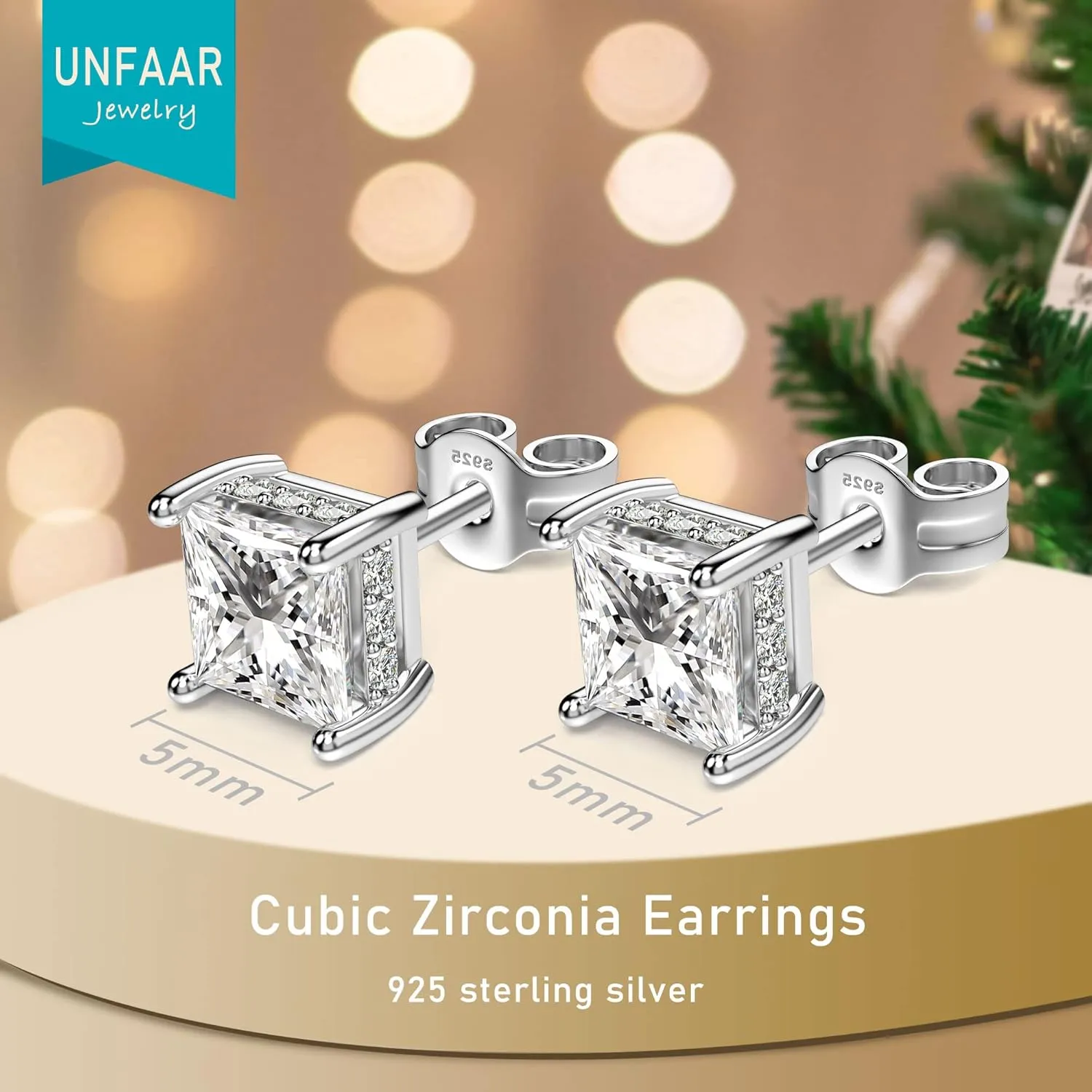 18K White Gold Plated Sterling Silver Princess Cut Cubic Zirconia Stud Earrings Square CZ Diamond Stud Earrings for Women Men Hypoallergenic
