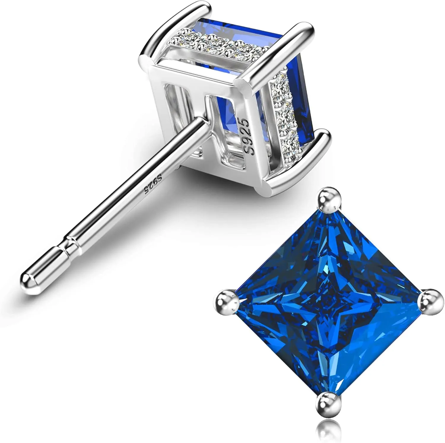 18K White Gold Plated Sterling Silver Princess Cut Cubic Zirconia Stud Earrings Square CZ Diamond Stud Earrings for Women Men Hypoallergenic