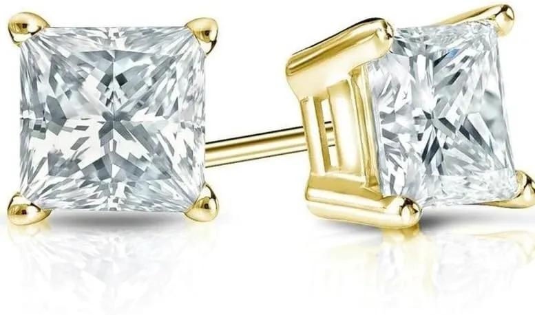 18k Yellow Gold Plated 4ct Created White Sapphire Princess Cut Stud Earrings