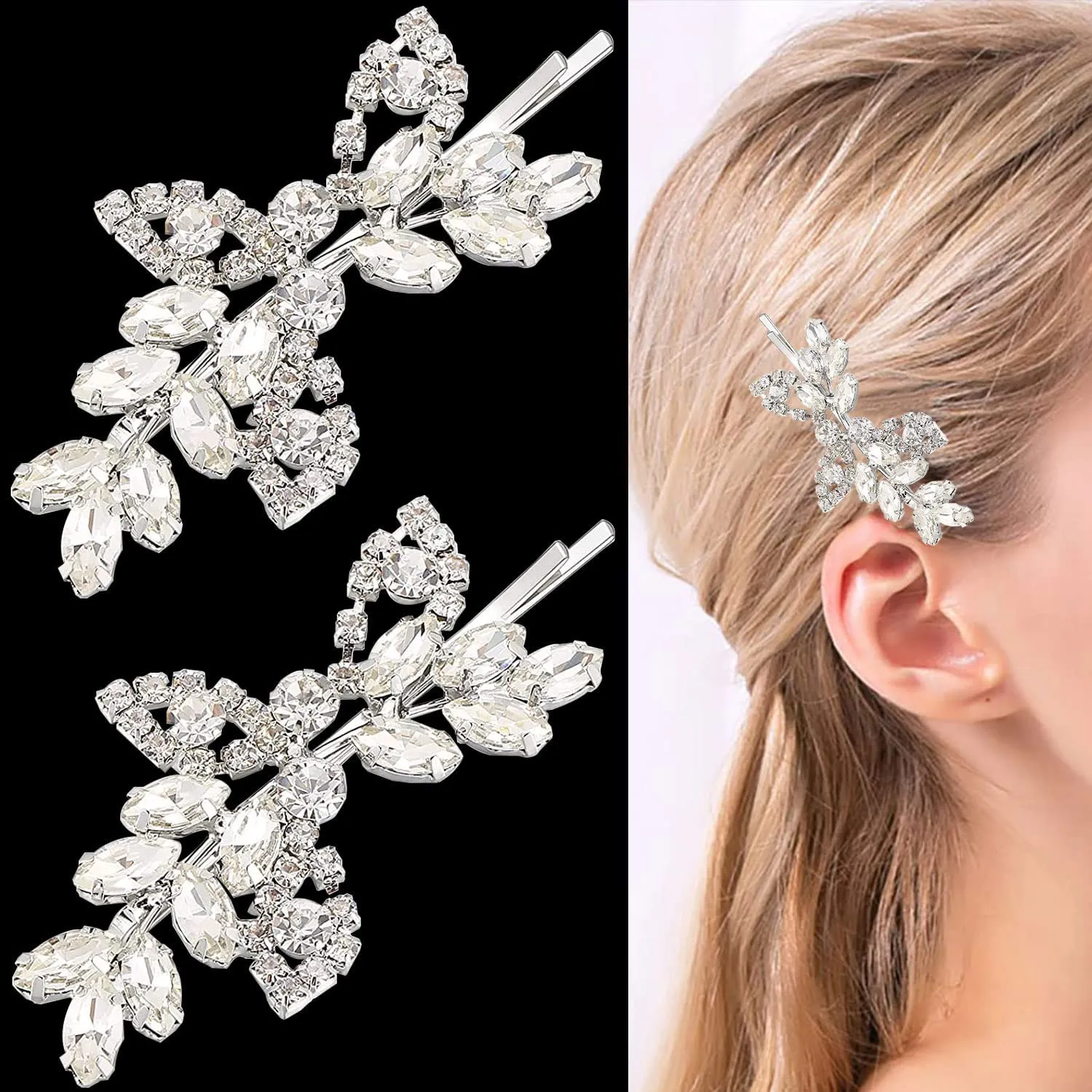 2 Pieces Rhinestone Bridal Hair Pins Leaf Bridal Wedding Hair Pins Crystal Hair Accessories Silver Rhinestone Jewelry Barrette for Brides Bridesmaids Flower Girls