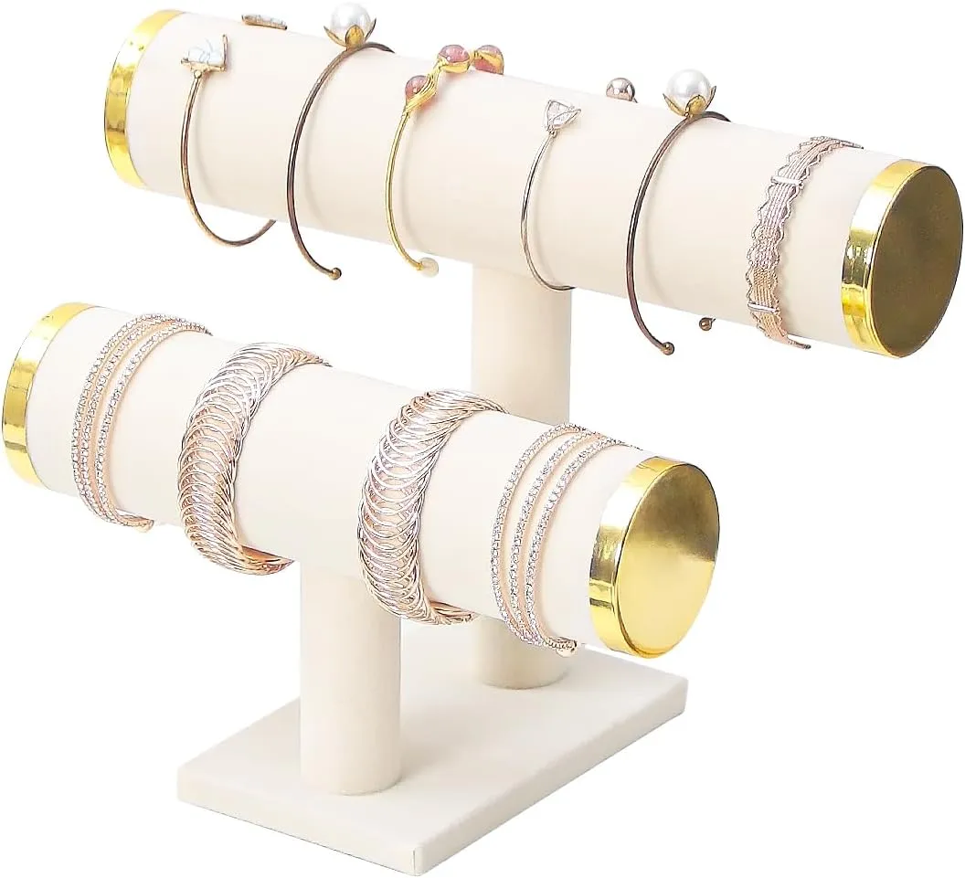 2 Tier Bracelet Holder Stand, Bangle Watches Display, Velvet Bracelet Jewelry Storage Organizer Rack, Hairband Scrunchie Show Tower Shop Selling or Home Use (Beige)