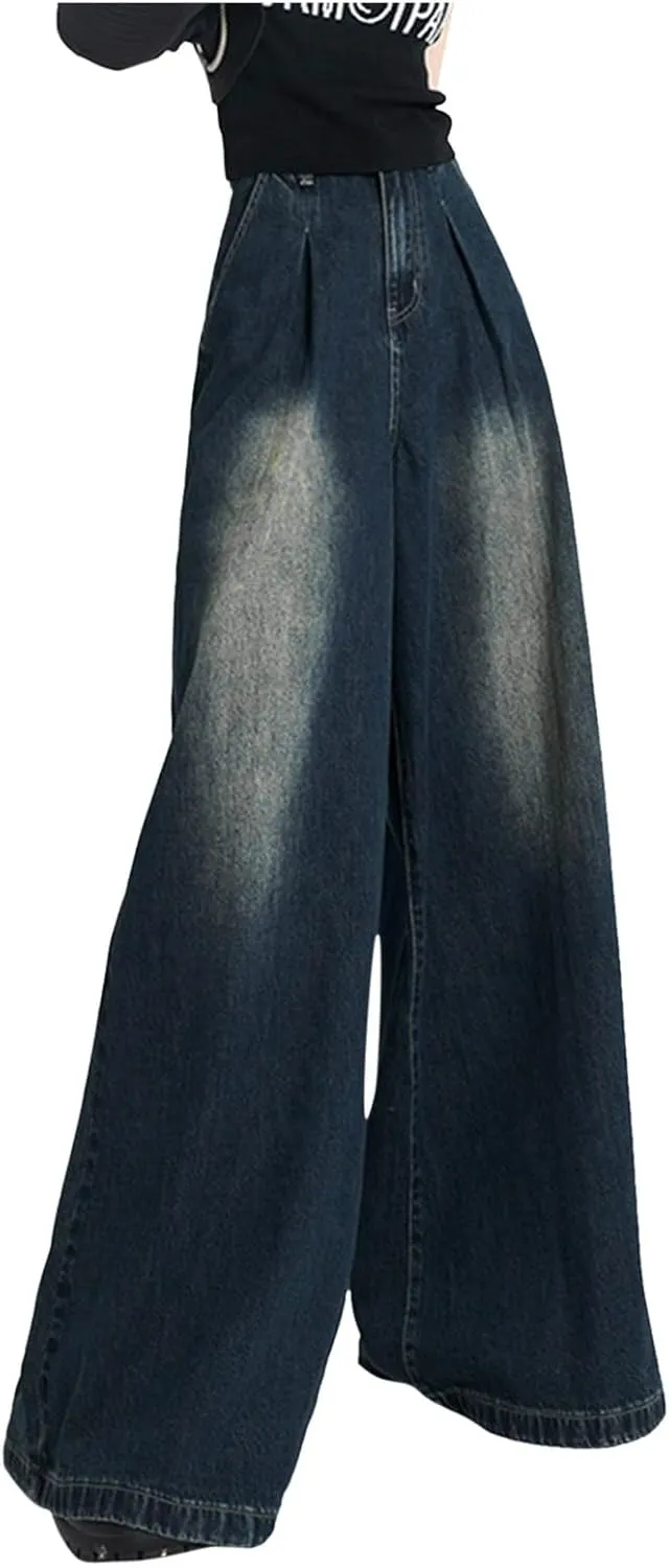 2024 Wide Leg Jeans for Women High Waist Stretchy Denim Capri Pants Fold Hem Cropped Baggy Denim Pants Trouser Jeans