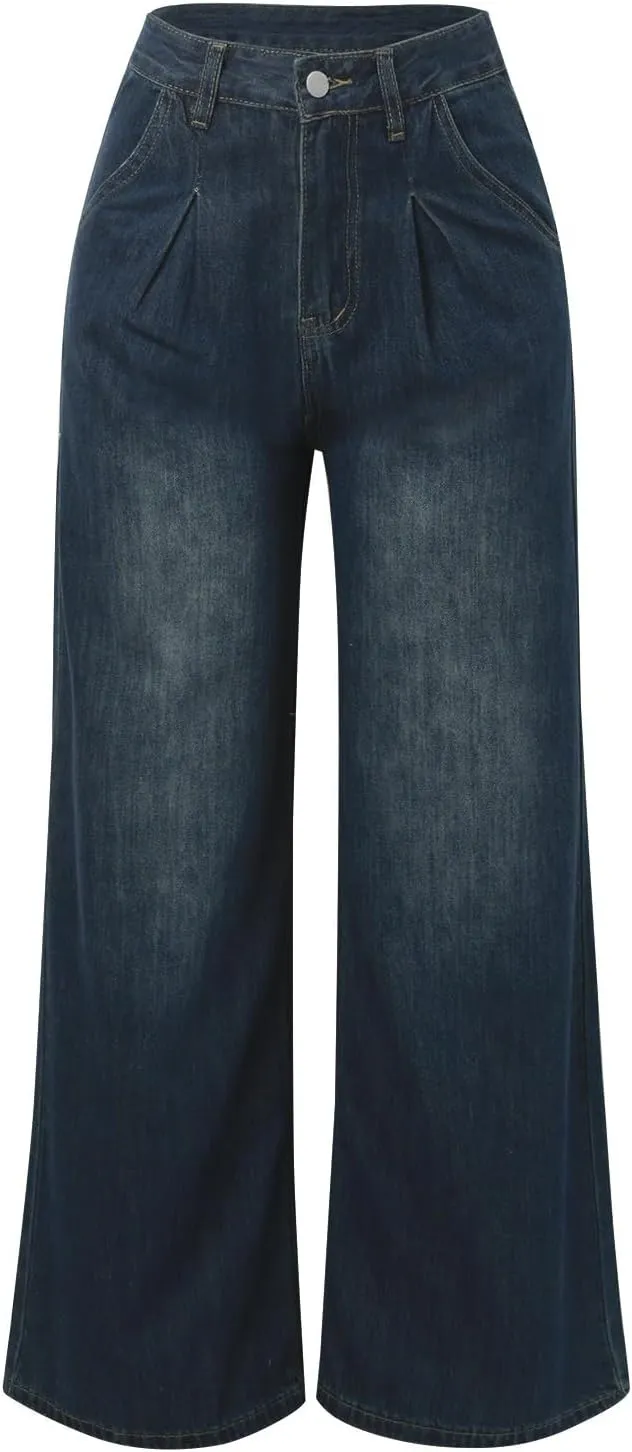 2024 Wide Leg Jeans for Women High Waist Stretchy Denim Capri Pants Fold Hem Cropped Baggy Denim Pants Trouser Jeans