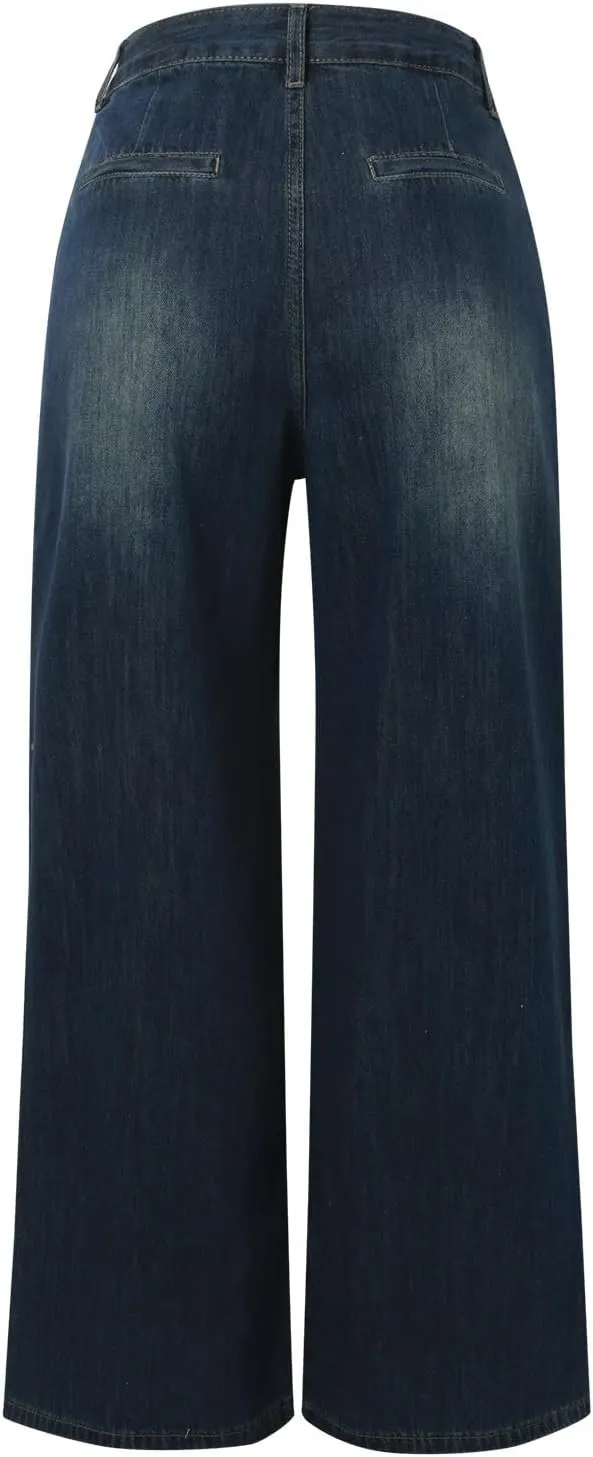 2024 Wide Leg Jeans for Women High Waist Stretchy Denim Capri Pants Fold Hem Cropped Baggy Denim Pants Trouser Jeans
