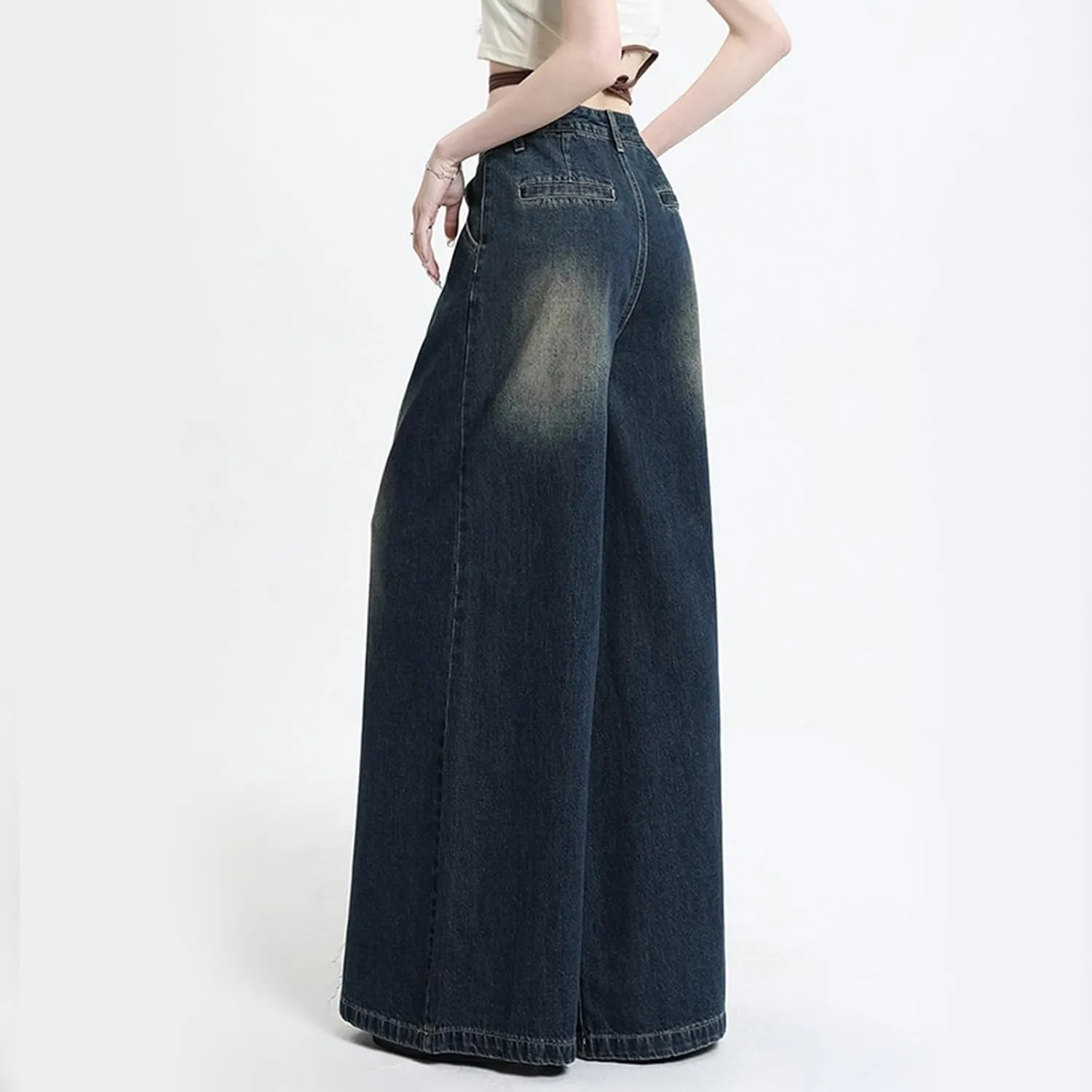 2024 Wide Leg Jeans for Women High Waist Stretchy Denim Capri Pants Fold Hem Cropped Baggy Denim Pants Trouser Jeans