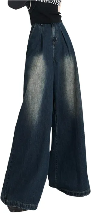2024 Wide Leg Jeans for Women High Waist Stretchy Denim Capri Pants Fold Hem Cropped Baggy Denim Pants Trouser Jeans