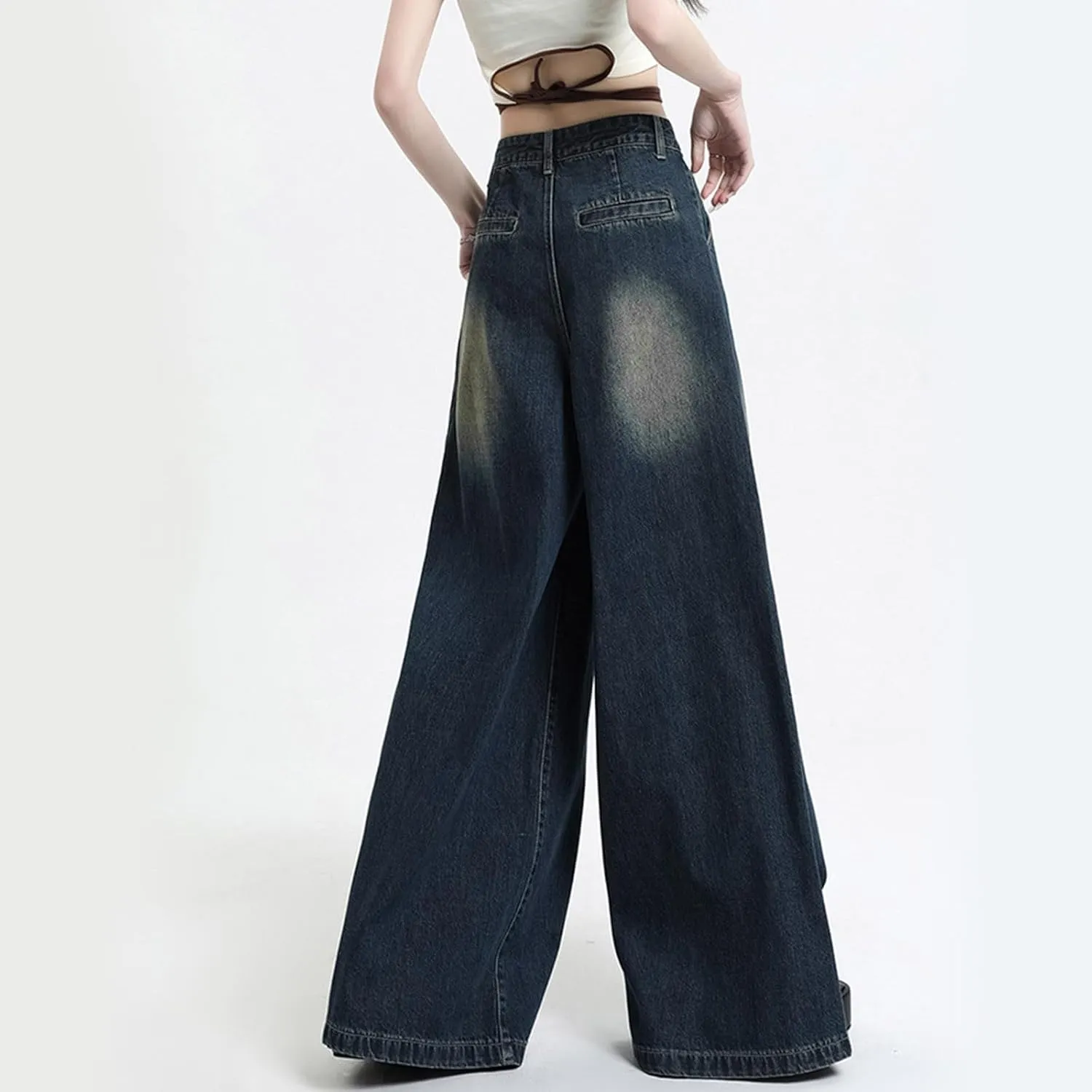 2024 Wide Leg Jeans for Women High Waist Stretchy Denim Capri Pants Fold Hem Cropped Baggy Denim Pants Trouser Jeans