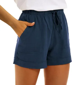 2024 Womens Linen Drawstring Shorts High Waisted Casual Loose Straight Leg Shorts Quick Dry Athletic Shorts with Pockets