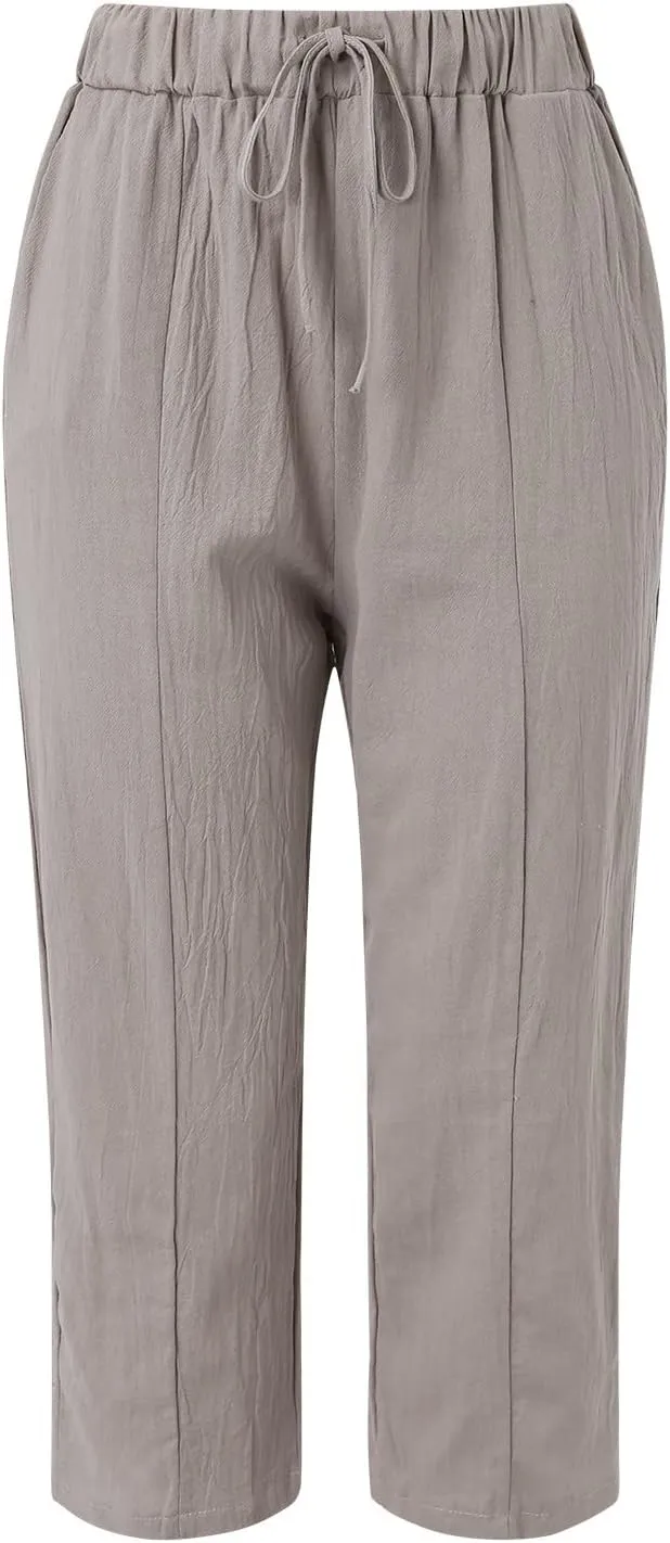 2025 Summer Womens Cotton Linen Pants Drawstring Straight Leg High Elastic Waist Trendy Beach Trousers with Pockets