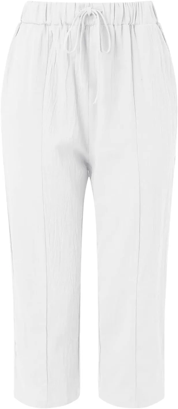 2025 Summer Womens Cotton Linen Pants Drawstring Straight Leg High Elastic Waist Trendy Beach Trousers with Pockets