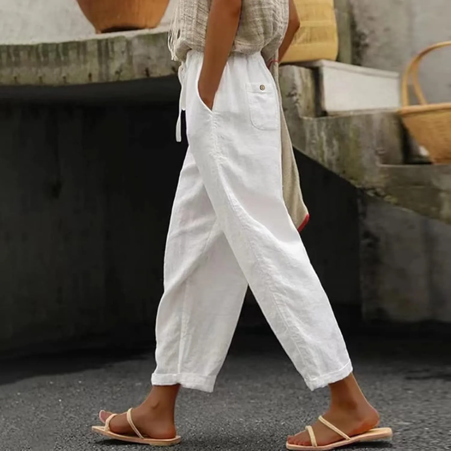 2025 Summer Womens Cotton Linen Pants Drawstring Straight Leg High Elastic Waist Trendy Beach Trousers with Pockets
