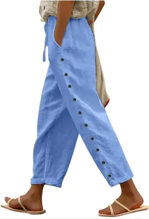 2025 Summer Womens Cotton Linen Pants Drawstring Straight Leg High Elastic Waist Trendy Beach Trousers with Pockets