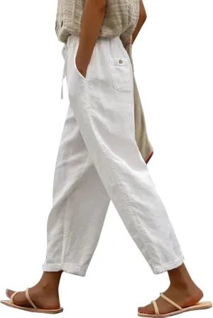 2025 Summer Womens Cotton Linen Pants Drawstring Straight Leg High Elastic Waist Trendy Beach Trousers with Pockets