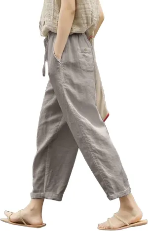 2025 Summer Womens Cotton Linen Pants Drawstring Straight Leg High Elastic Waist Trendy Beach Trousers with Pockets