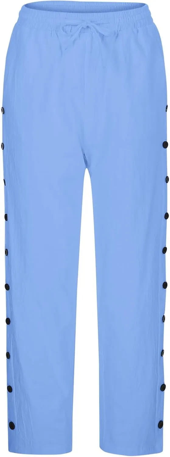 2025 Summer Womens Cotton Linen Pants Drawstring Straight Leg High Elastic Waist Trendy Beach Trousers with Pockets