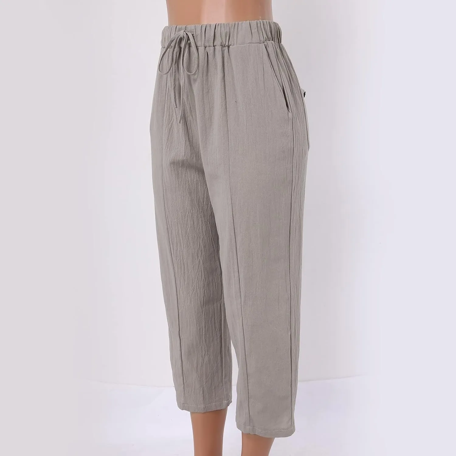 2025 Summer Womens Cotton Linen Pants Drawstring Straight Leg High Elastic Waist Trendy Beach Trousers with Pockets