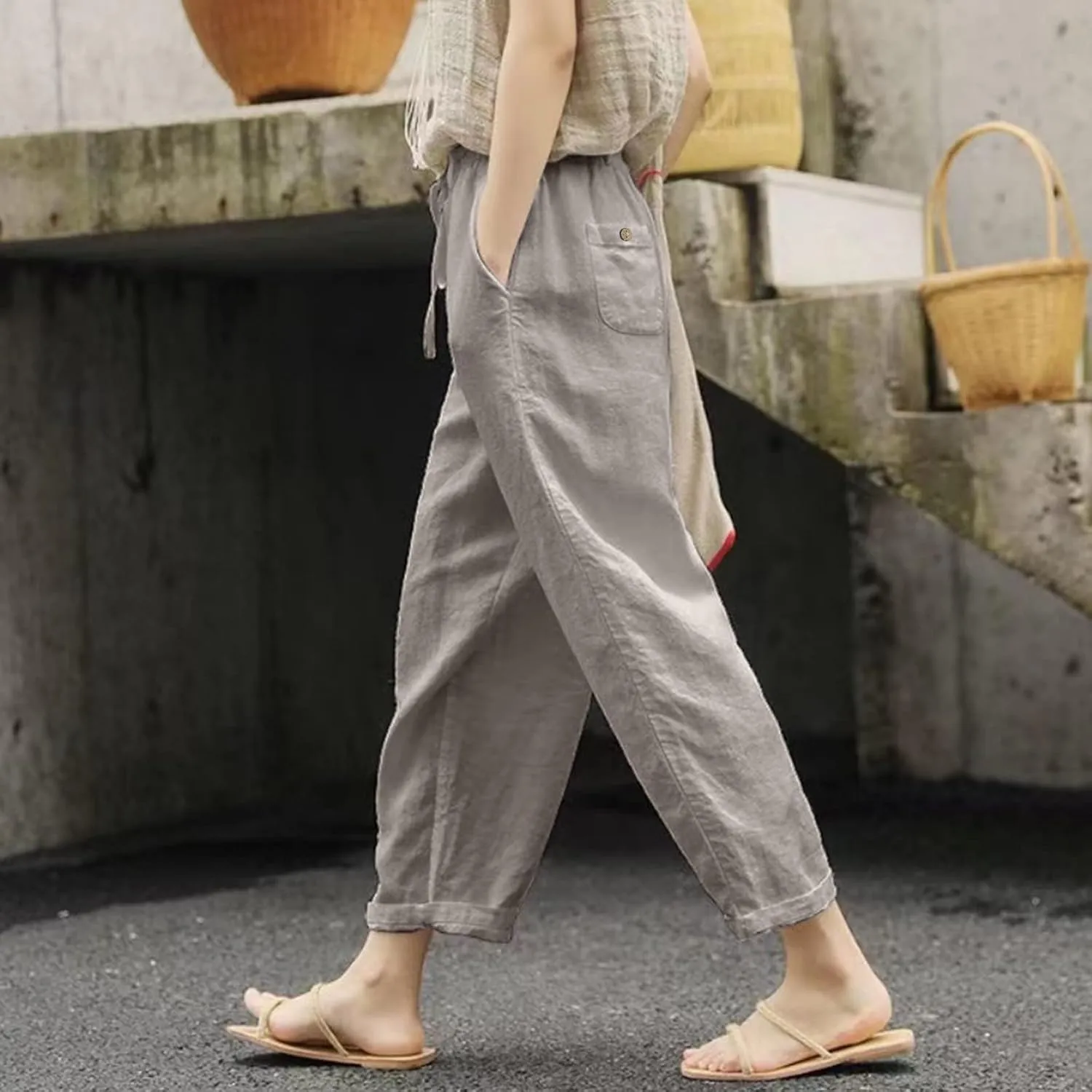2025 Summer Womens Cotton Linen Pants Drawstring Straight Leg High Elastic Waist Trendy Beach Trousers with Pockets