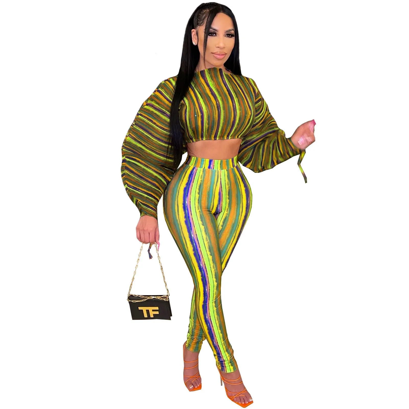 2pcs Wholesale Striped Sets Lantern Sleeve Crop Top   Leggings
