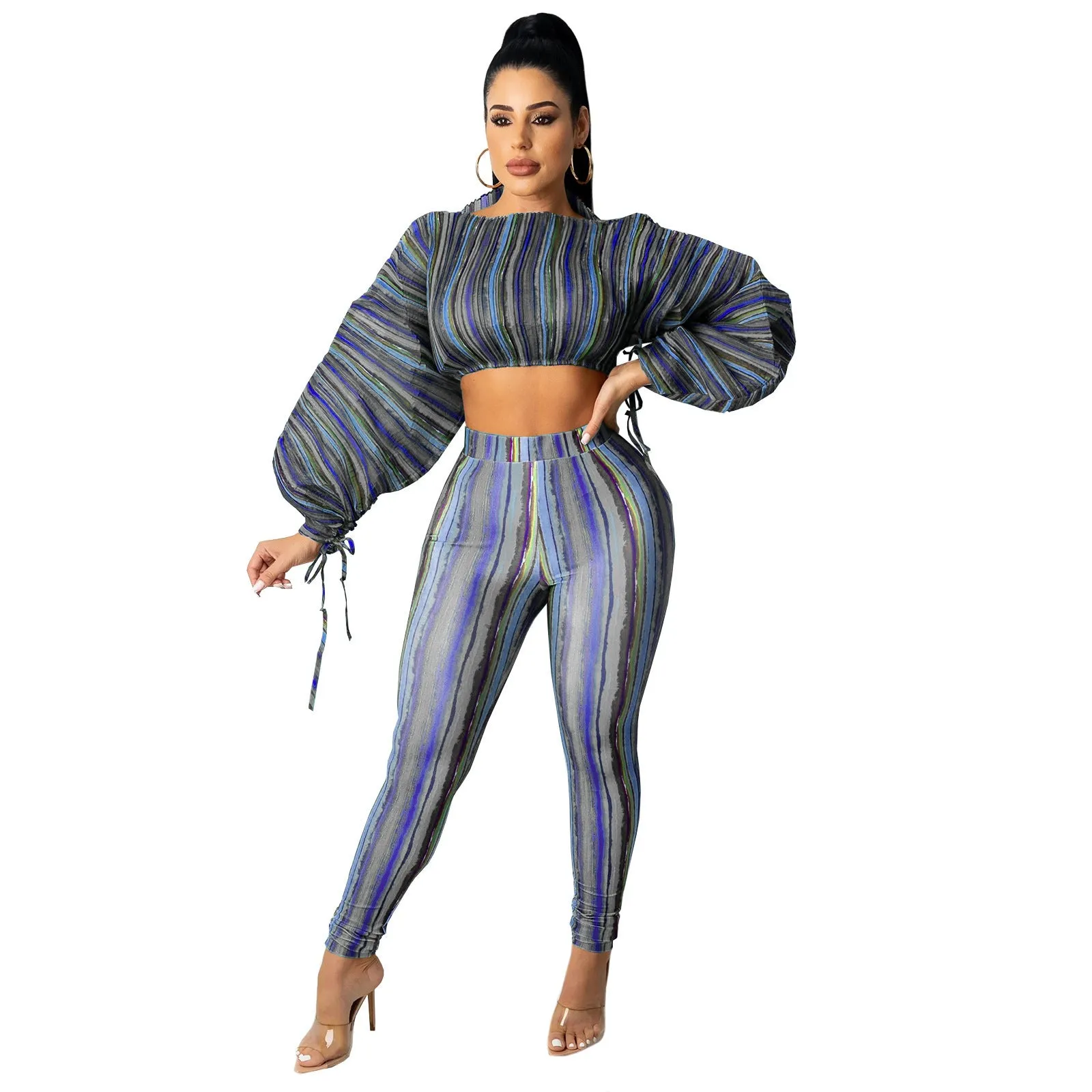 2pcs Wholesale Striped Sets Lantern Sleeve Crop Top   Leggings