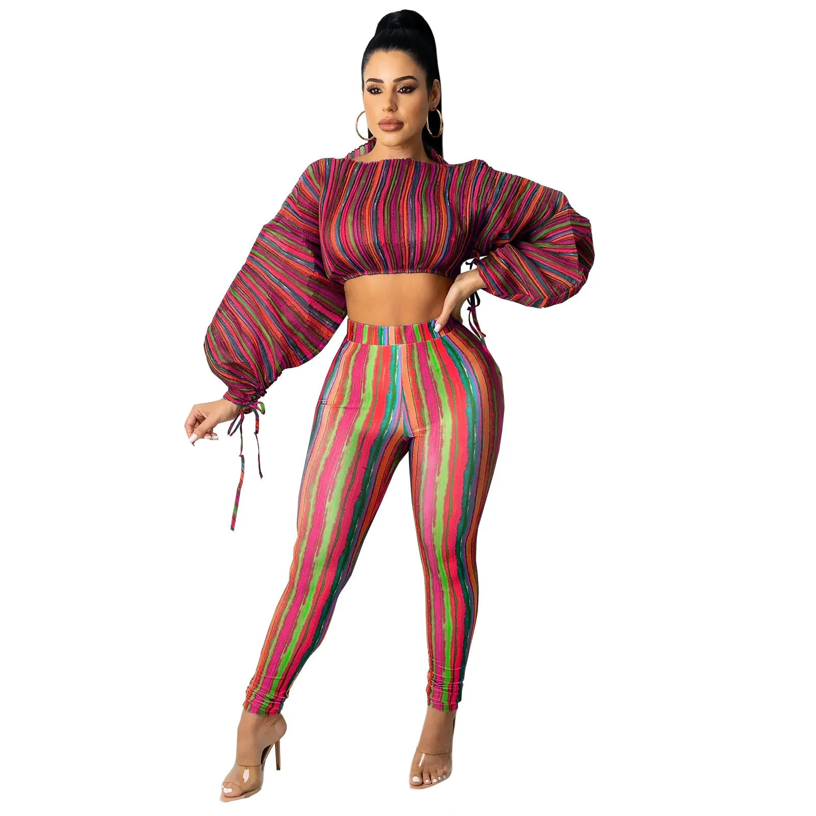 2pcs Wholesale Striped Sets Lantern Sleeve Crop Top   Leggings