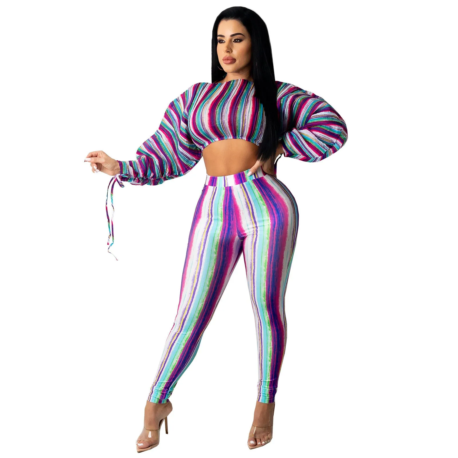 2pcs Wholesale Striped Sets Lantern Sleeve Crop Top   Leggings