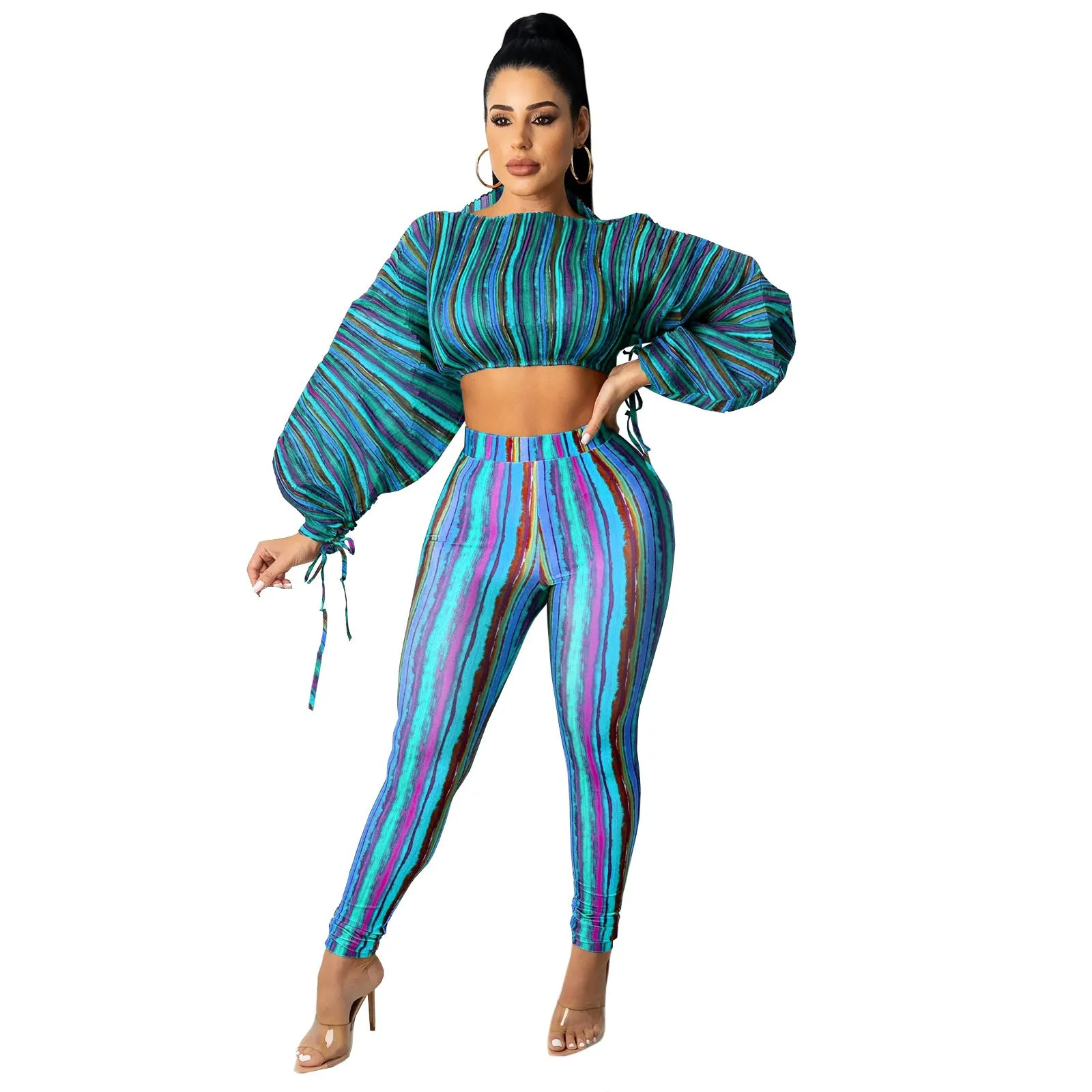 2pcs Wholesale Striped Sets Lantern Sleeve Crop Top   Leggings