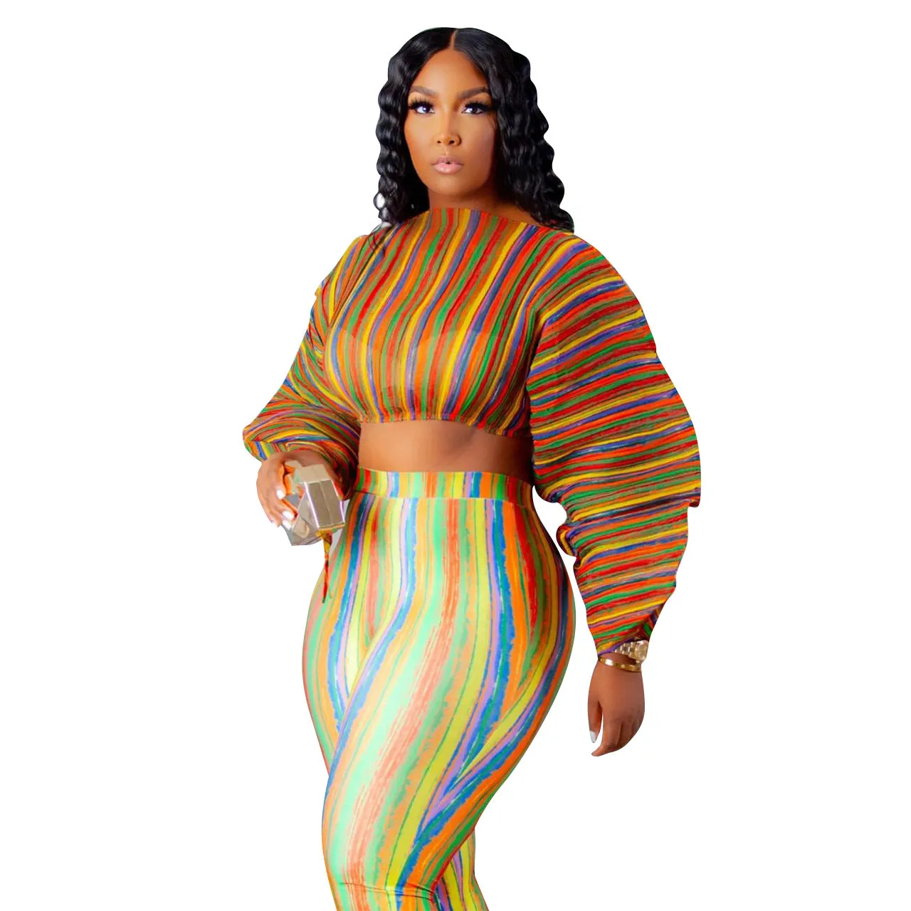 2pcs Wholesale Striped Sets Lantern Sleeve Crop Top   Leggings