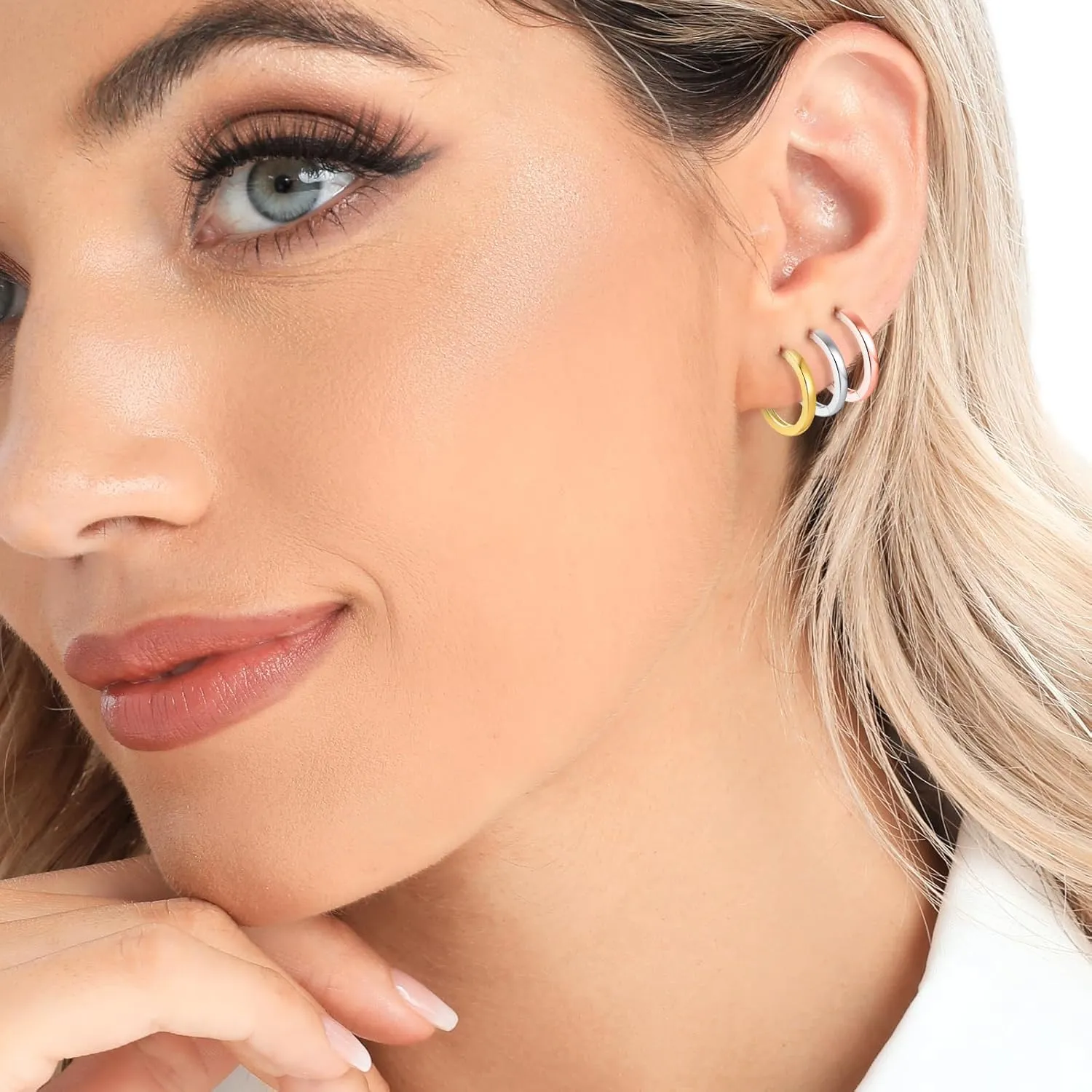 3 Pairs 925 Sterling Silver Hoop Earrings 14K White Gold Plated Small Silver Hoops Cartilage Huggie Earrings for Women Men