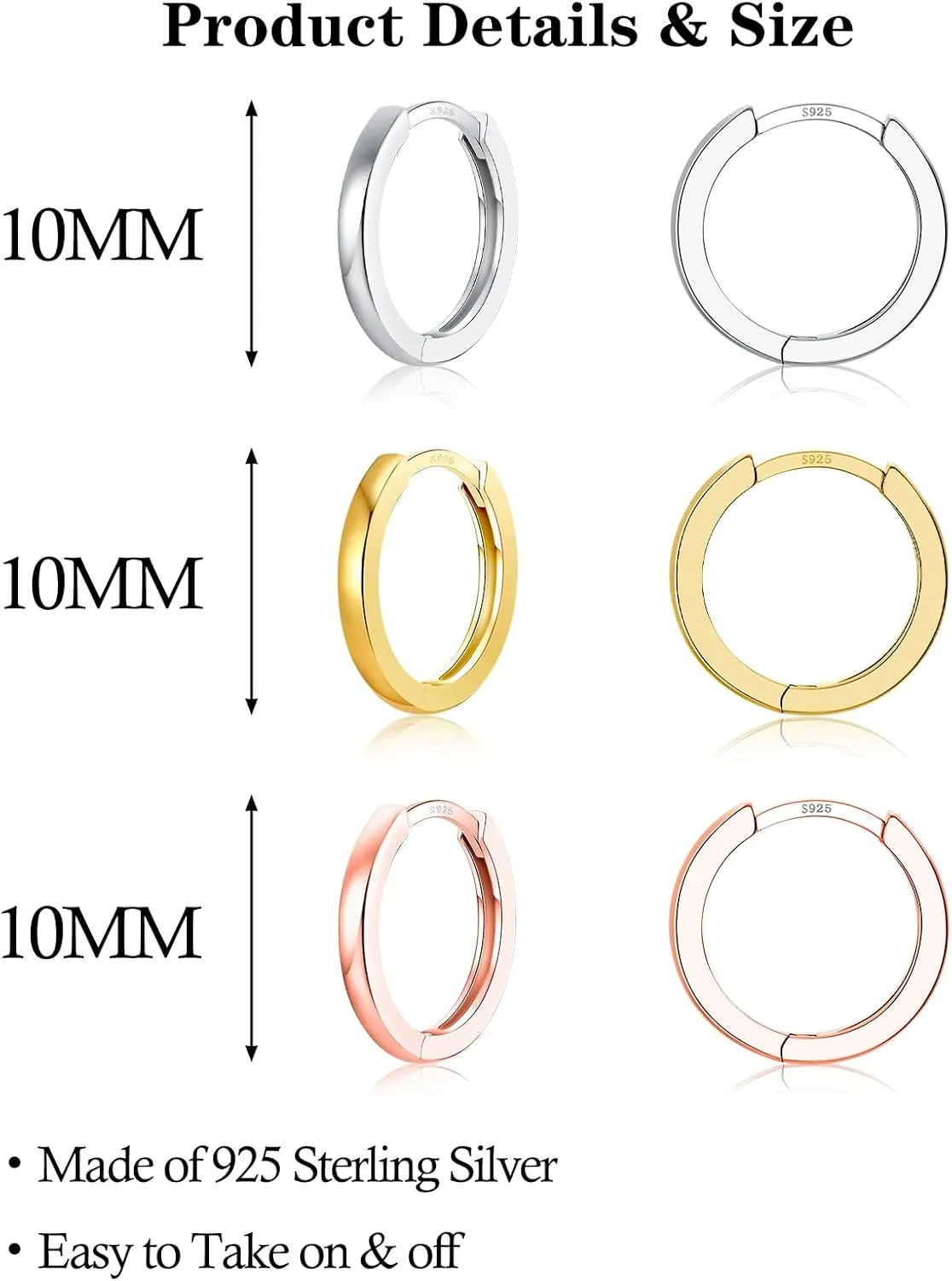 3 Pairs 925 Sterling Silver Hoop Earrings 14K White Gold Plated Small Silver Hoops Cartilage Huggie Earrings for Women Men