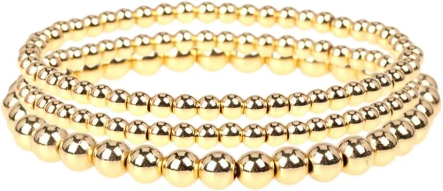 3 Pcs Gold Beaded Bracelets Valentine's Day Gifts, Men Women Elastic Copper Beads Balls Stretch Bracelet Anklet, Fashion Stacking Bracelets Cuff Set Jewelry (6mm 4mm)