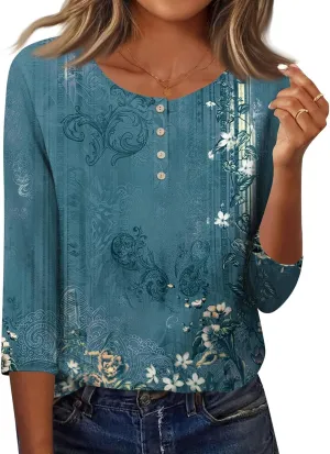 3/4 Length Sleeve Womens Summer Tops 2025 Button Crew Neck Blouses Dressy Casual Loose Fit Floral/Patriotic Shirts